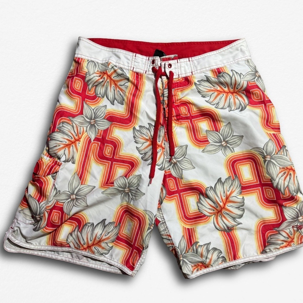 Vintage Op Ocean Pacific Y2K Board Shorts Retro Floral Orange Red Mens 36
